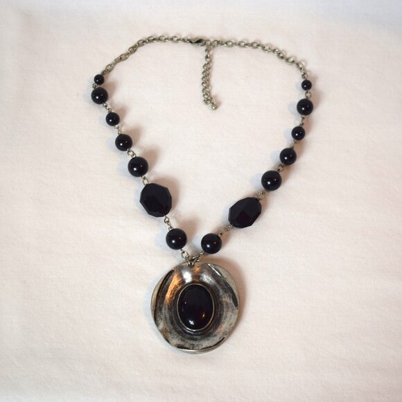 Vintage Silver Tone Black Bead Necklace with Large Oval Pendant with Black Stone - Picture 1 of 2